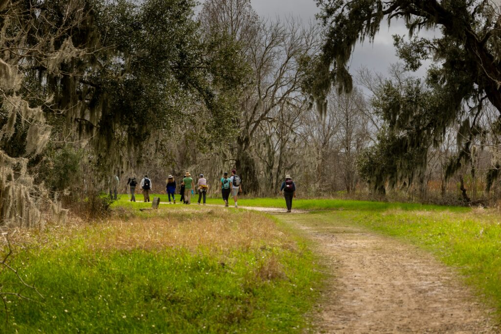 group walking outdoors for aerobic exercise to lower blood pressure and cholesterol