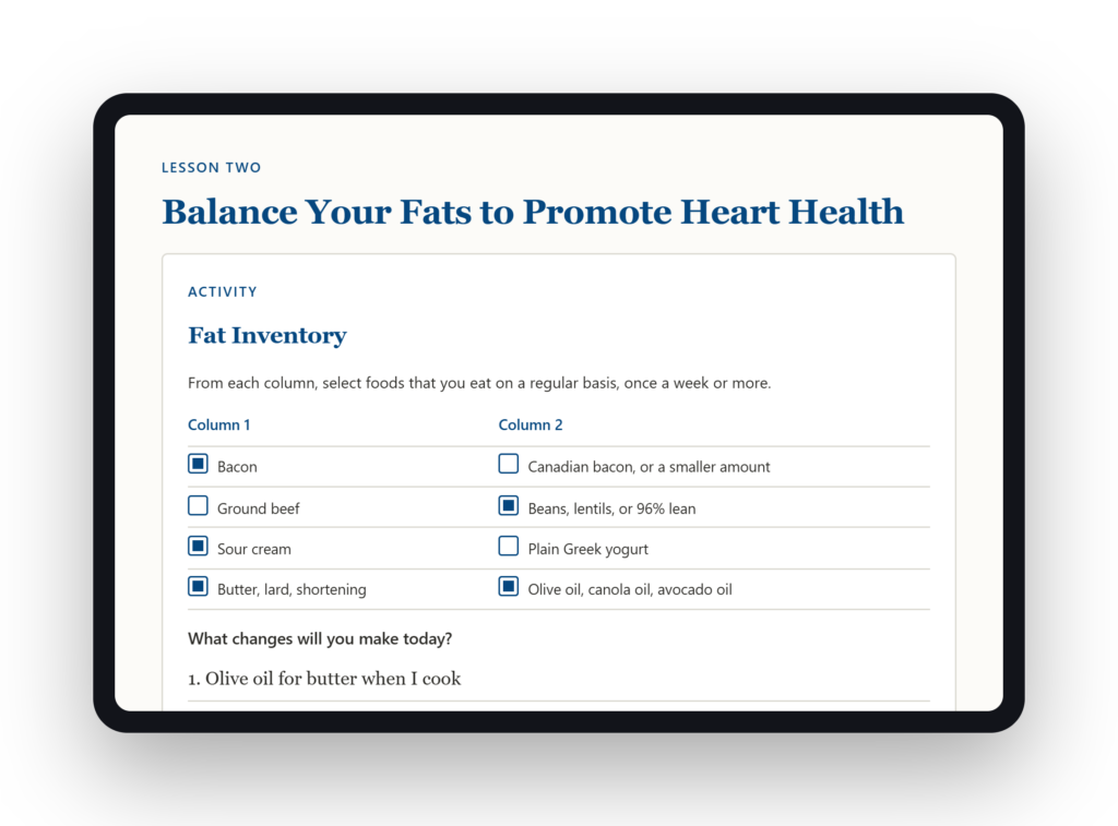 Sample worksheet from Heart Health Made Easy showing the Fat Inventory activity, where readers mark the foods they eat weekly and the healthier swap for each