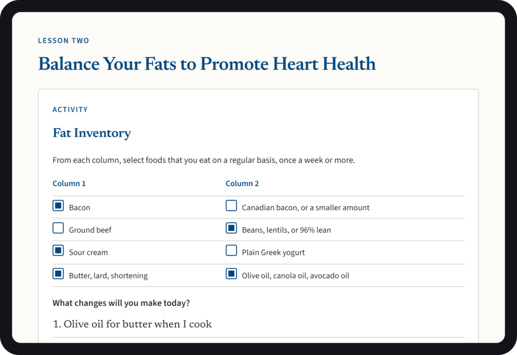 Sample worksheet from Heart Health Made Easy showing the Fat Inventory activity, where readers mark the foods they eat weekly and the healthier swap for each