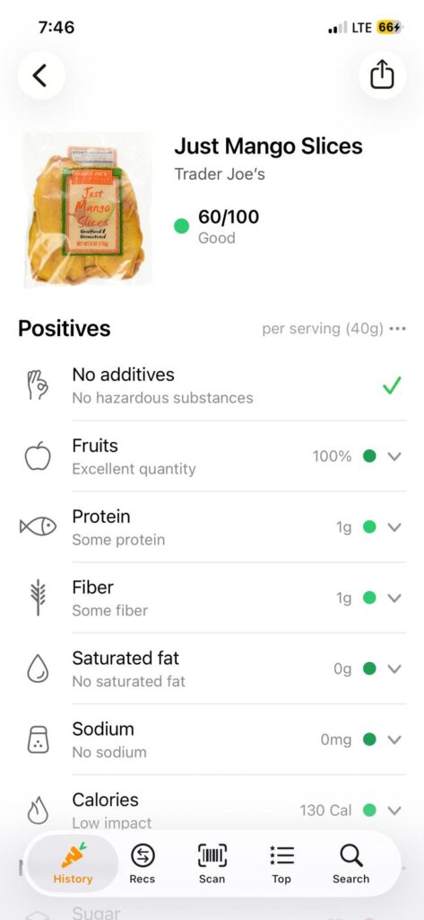 Yuka app screen showing Trader Joe's Just Mango Slices scored 60 out of 100, rated Good, with no additives
