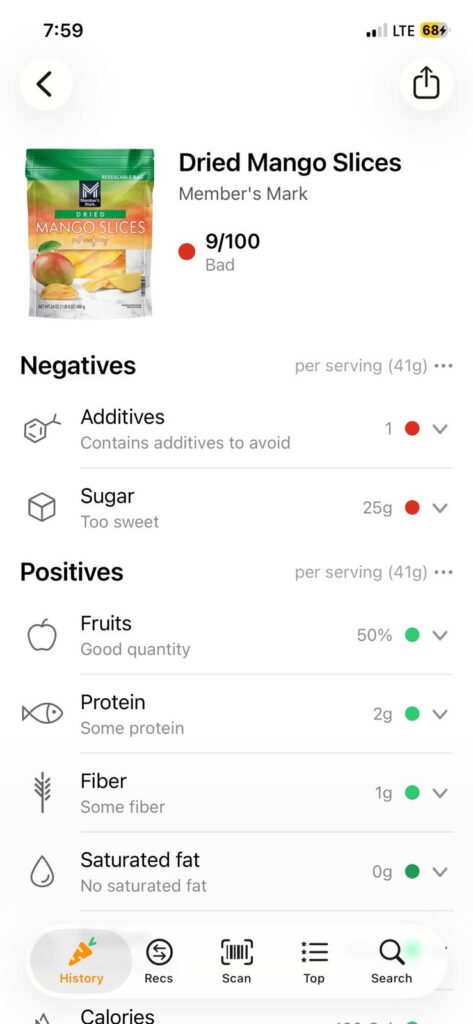 Yuka app screen showing Member's Mark dried mango slices from Sam's Club scored 9 out of 100, rated Bad, flagged for additives and 25g of sugar